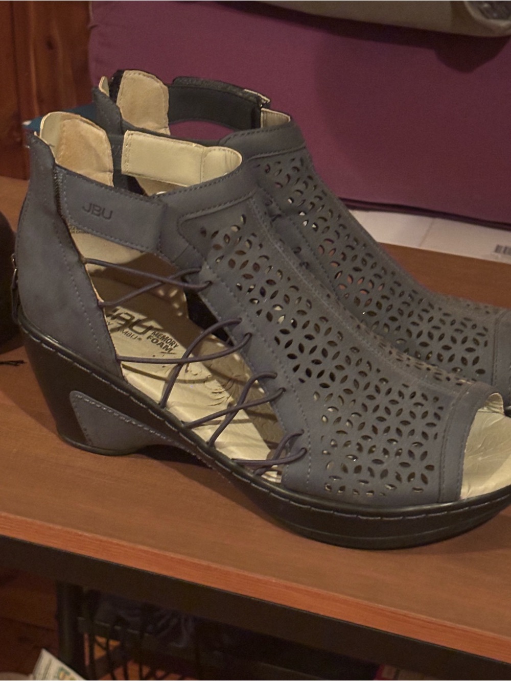 JBU Navy Laser-Cut Peep-Toe Wedge Sandals with Lace Sides